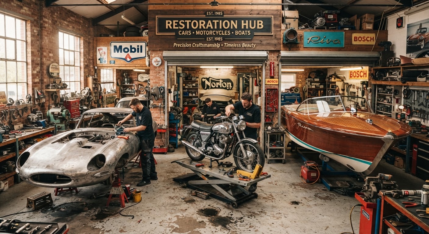 Restoration Hub workshop with a classic car, motorcycle and boat under restoration