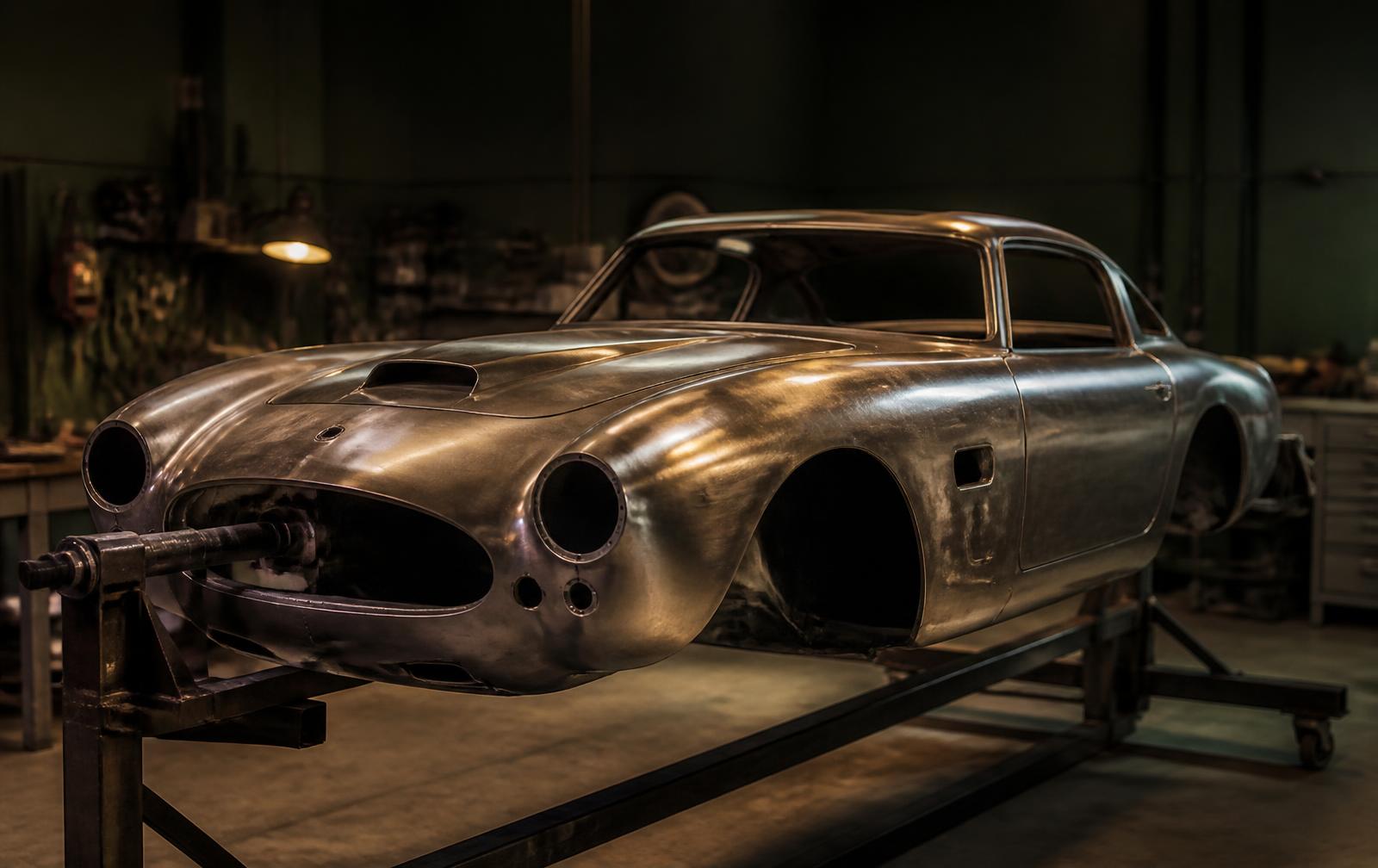 Classic British sports car mid-restoration in a workshop